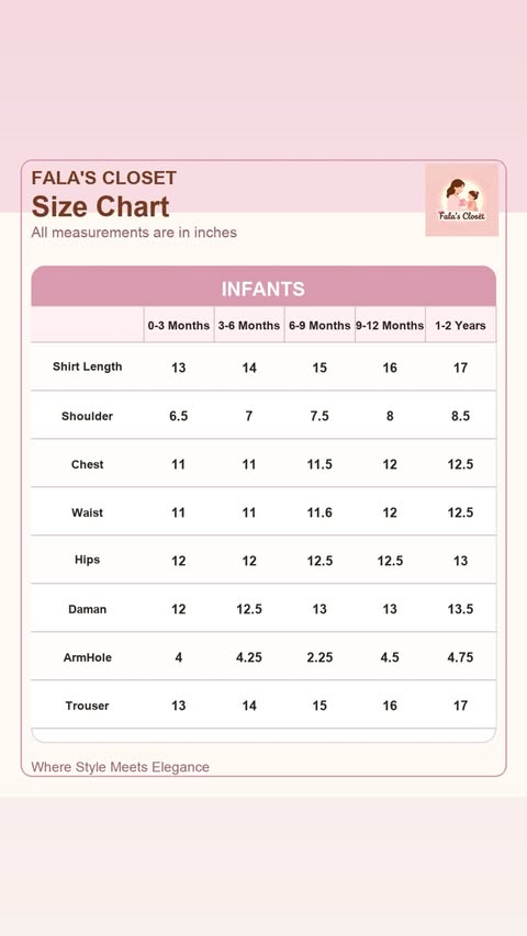Infants size chart for Fala's Closet